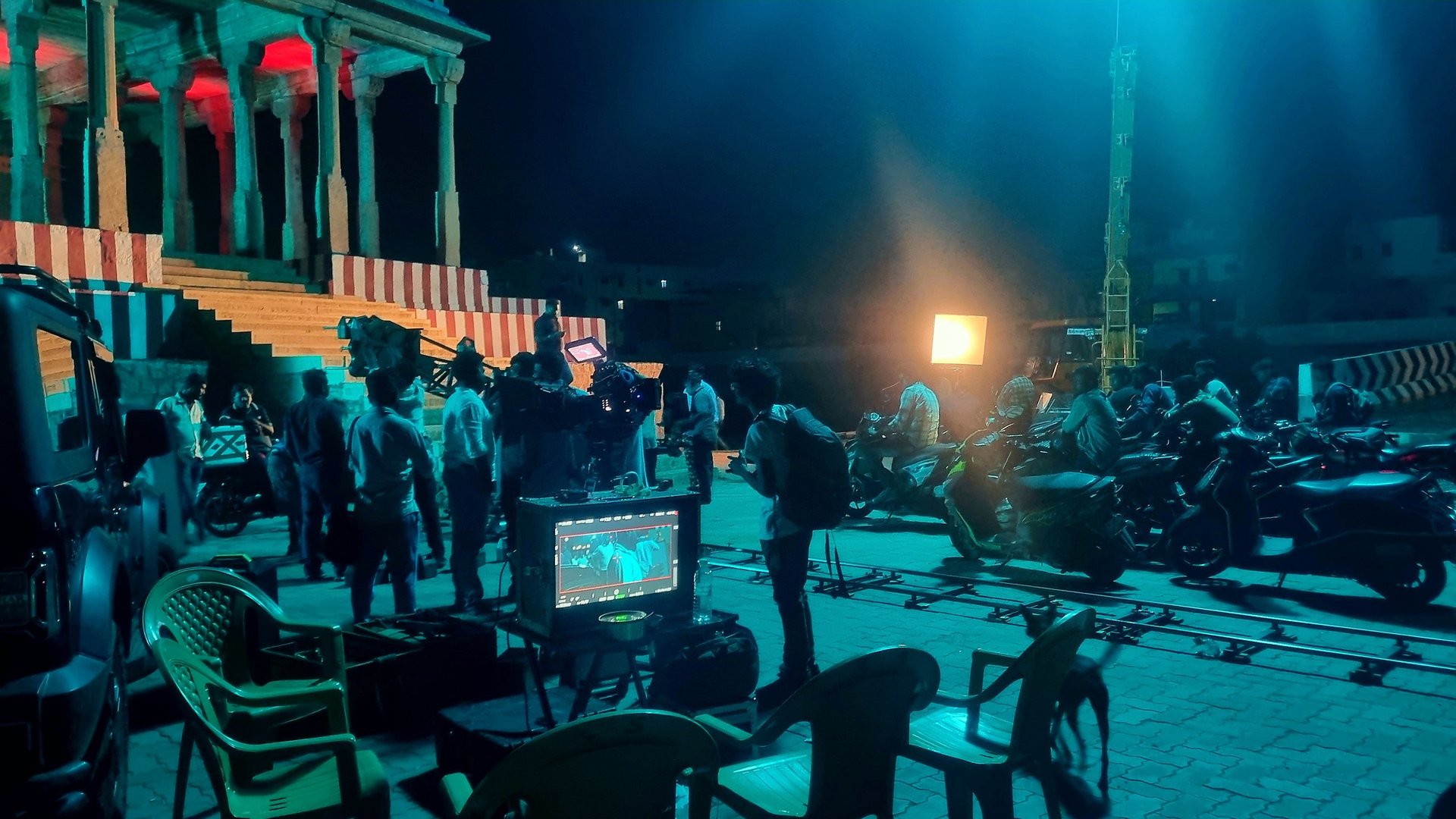 Behind-the-scenes view of a night time film shoot in progress