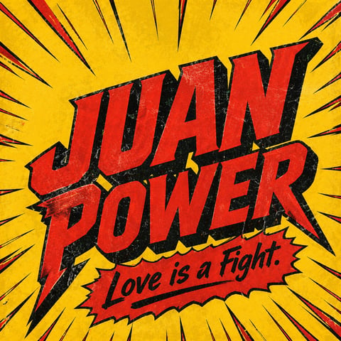 Comic book style illustration with red JUAN POWER text and yellow tagline Love is a Fight on bright yellow background with radiating lines