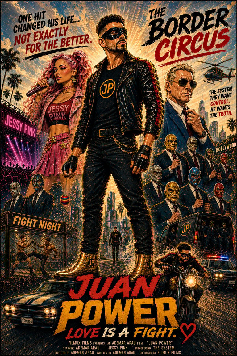Movie poster for Juan Power featuring a man in black leather jacket with sunglasses, woman in pink outfit, and various characters, with title The Border Circus