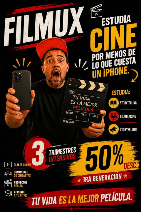 FILMUX promotional poster for online film school with man holding iPhone and movie clapper board, 50% discount offer for 3-month intensive course