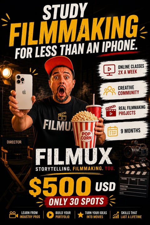 Filmmaking course promotion featuring director holding iPhone with popcorn, advertising online classes for $500 with limited spots available